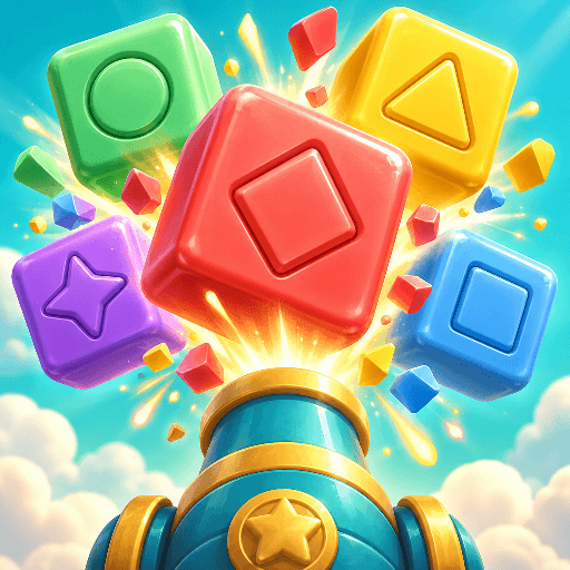 Burst Grid: colorful toy blocks bursting above a cannon